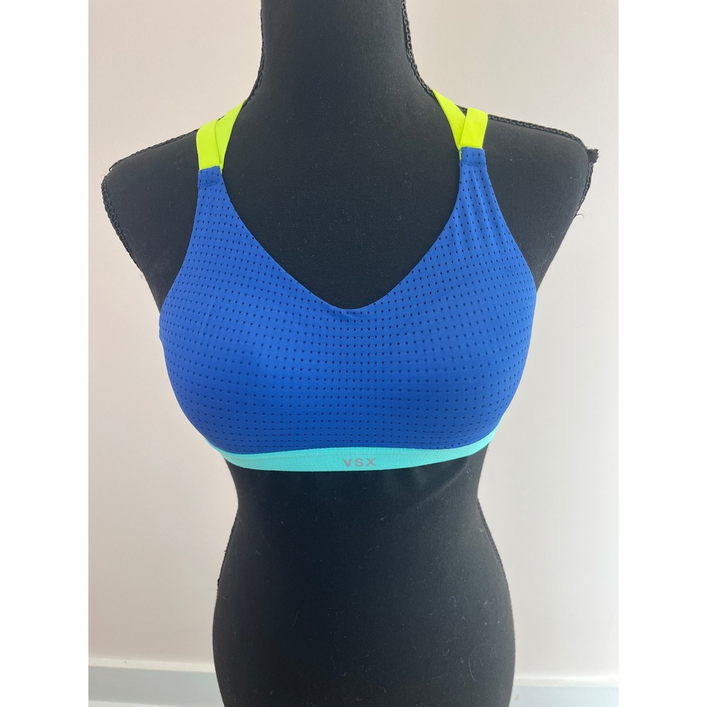 Victoria's Secret VSX Sport Bra 32A Blue Lime Green Colorblock Mesh Racerback